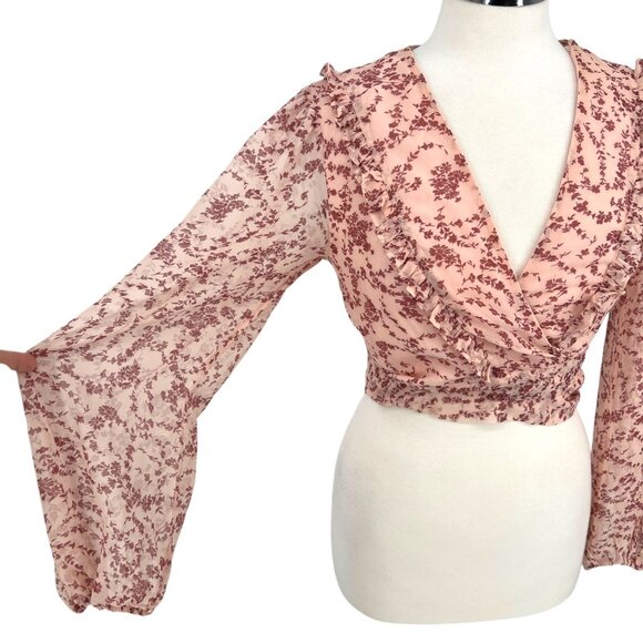 Bardot Floral Wrap Tie-Front Long-Sleeve Blouse Pink Red Size US 8 Medium - Picture 13 of 16
